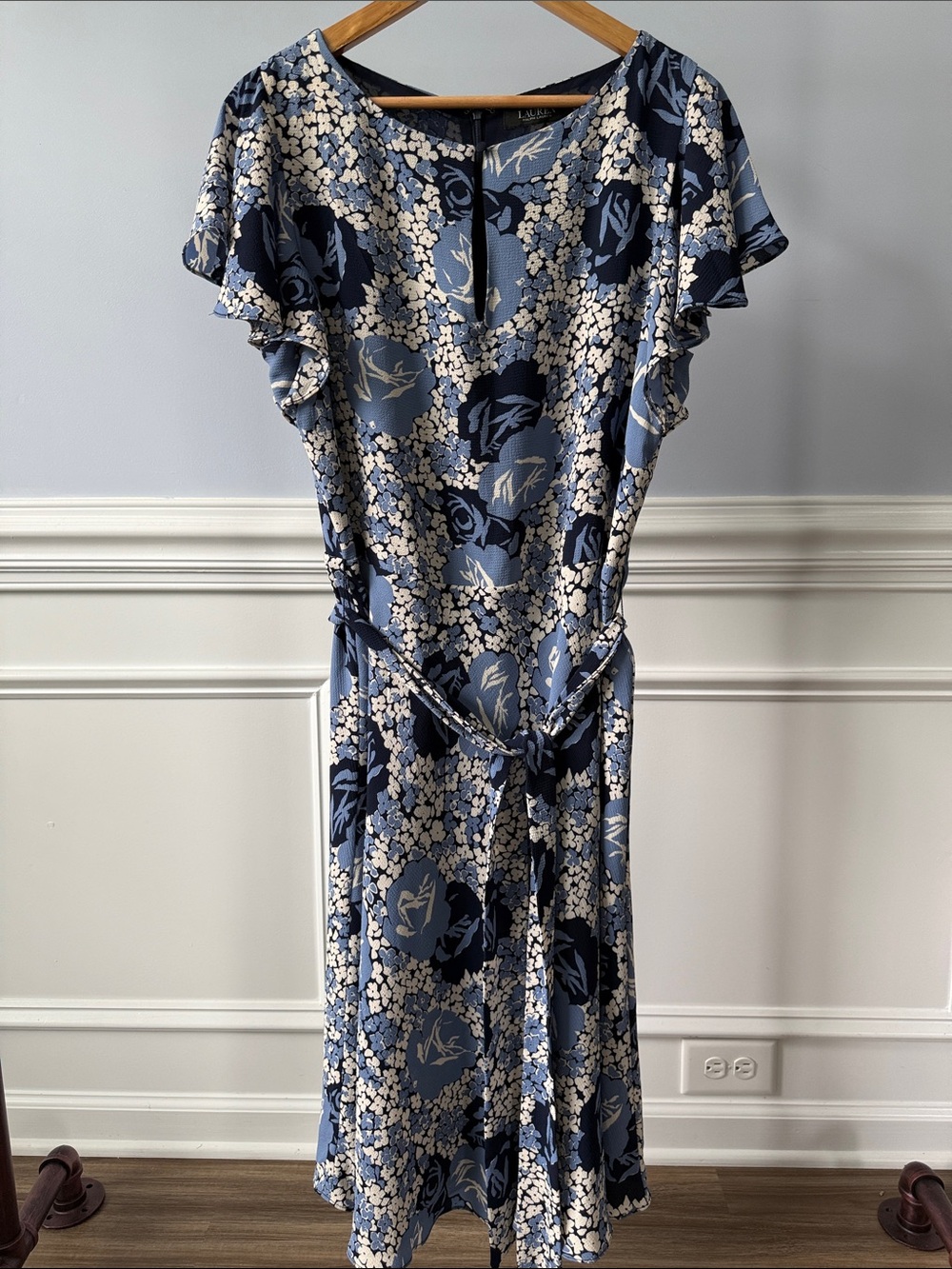 Ralph Lauren Floral Belted Crepe Midi Flutter Sleeve Flowy Women's Dress Sz 14